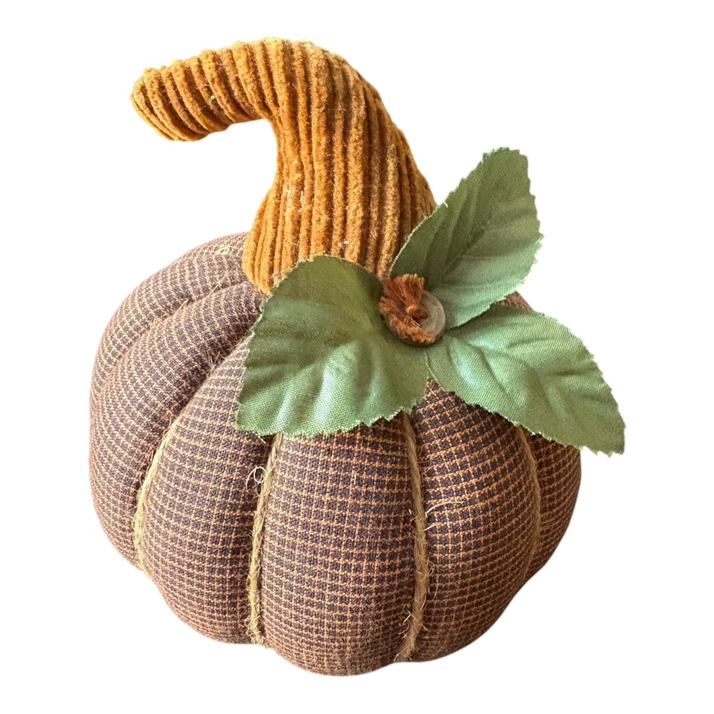 Brown Fabric Pumpkin Fall Autumn Harvest Table Decor Corduroy Stem 4" Plush